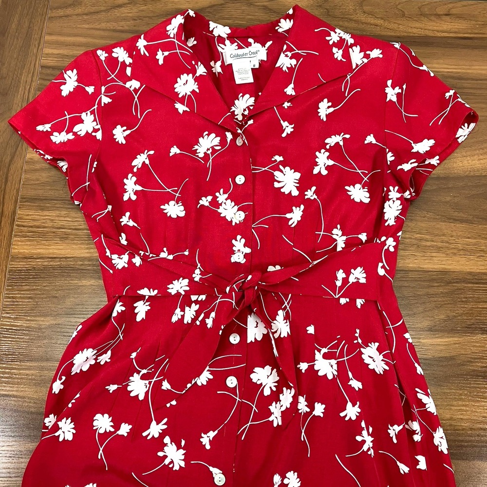 Coldwater Creek Womens Red/White Floral Short Slv Tie Waist Button Maxi Dress 8